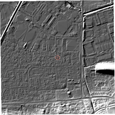 Shaded relief map of the ground around BS249BS, computed from Environment Agency LiDAR. The ground here sits at about 5 m above sea level and falls 17 m across the surrounding 800 m. The ground contributing surface water to this point lies to the north-north-east.