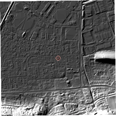 Shaded relief map of the ground around BS249BT, computed from Environment Agency LiDAR. The ground here sits at about 5 m above sea level and falls 31 m across the surrounding 800 m. Surface water reaching this point runs off ground lying to the south-east, 29.2 m higher.
