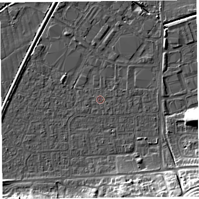 Shaded relief map of the ground around BS249BU, computed from Environment Agency LiDAR. The ground here sits at about 5 m above sea level and falls 16 m across the surrounding 800 m. The ground contributing surface water to this point lies to the south-east.