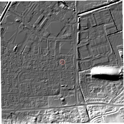 Shaded relief map of the ground around BS249BW, computed from Environment Agency LiDAR. The ground here sits at about 5 m above sea level and falls 20 m across the surrounding 800 m. Surface water reaching this point runs off ground lying to the east-north-east, 0.9 m higher.