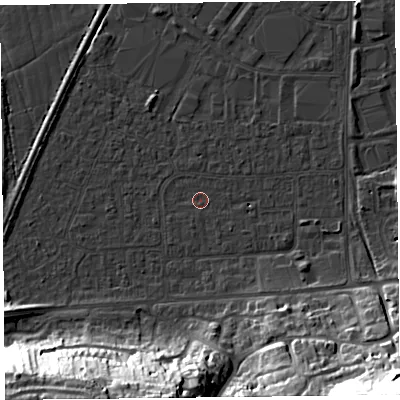 Shaded relief map of the ground around BS249BX, computed from Environment Agency LiDAR. The ground here sits at about 5 m above sea level and falls 38 m across the surrounding 800 m. Surface water reaching this point runs off ground lying to the south-east, 37.5 m higher.