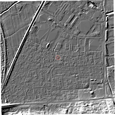 Shaded relief map of the ground around BS249BY, computed from Environment Agency LiDAR. The ground here sits at about 5 m above sea level and falls 12 m across the surrounding 800 m. Surface water reaching this point runs off ground lying to the south-east, 11.5 m higher.