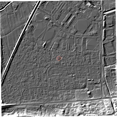 Shaded relief map of the ground around BS249BZ, computed from Environment Agency LiDAR. The ground here sits at about 6 m above sea level and falls 14 m across the surrounding 800 m. The ground contributing surface water to this point lies to the south.