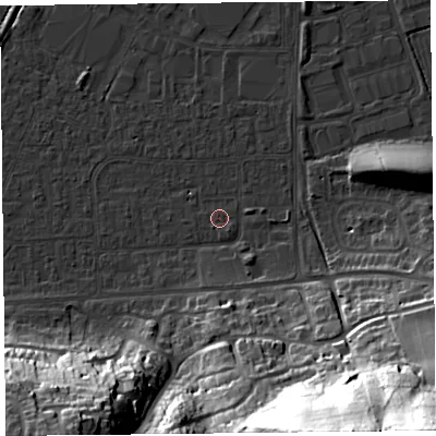 Shaded relief map of the ground around BS249DA, computed from Environment Agency LiDAR. The ground here sits at about 6 m above sea level and falls 60 m across the surrounding 800 m. The ground contributing surface water to this point lies to the south.