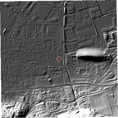 Shaded relief map of the ground around BS249DB, computed from Environment Agency LiDAR. The ground here sits at about 5 m above sea level and falls 37 m across the surrounding 800 m. Surface water reaching this point runs off ground lying to the south-south-east, 35.3 m higher.