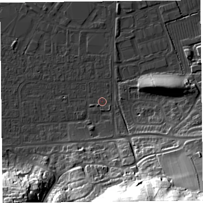 Shaded relief map of the ground around BS249DD, computed from Environment Agency LiDAR. The ground here sits at about 5 m above sea level and falls 49 m across the surrounding 800 m. Surface water reaching this point runs off ground lying to the west-south-west, 1.0 m higher.
