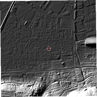 Shaded relief map of the ground around BS249DE, computed from Environment Agency LiDAR. The ground here sits at about 5 m above sea level and falls 41 m across the surrounding 800 m. Surface water reaching this point runs off ground lying to the south-east, 41.5 m higher.
