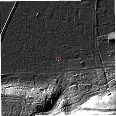 Shaded relief map of the ground around BS249DF, computed from Environment Agency LiDAR. The ground here sits at about 6 m above sea level and falls 67 m across the surrounding 800 m. The ground contributing surface water to this point lies to the north-east.