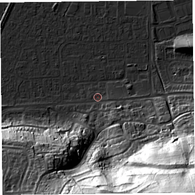Shaded relief map of the ground around BS249DG, computed from Environment Agency LiDAR. The ground here sits at about 6 m above sea level and falls 93 m across the surrounding 800 m. Surface water reaching this point runs off ground lying to the south-east, 13.3 m higher.