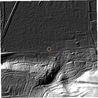 Shaded relief map of the ground around BS249DH, computed from Environment Agency LiDAR. The ground here sits at about 6 m above sea level and falls 90 m across the surrounding 800 m. Surface water reaching this point runs off ground lying to the south-east, 87.1 m higher.