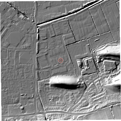 Shaded relief map of the ground around BS249DJ, computed from Environment Agency LiDAR. The ground here sits at about 5 m above sea level and falls 21 m across the surrounding 800 m. Surface water reaching this point runs off ground lying to the south-south-east, 9.5 m higher.