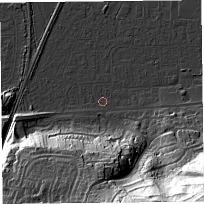 Shaded relief map of the ground around BS249DP, computed from Environment Agency LiDAR. The ground here sits at about 6 m above sea level and falls 78 m across the surrounding 800 m. The ground contributing surface water to this point lies to the south.