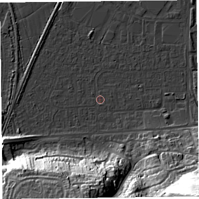 Shaded relief map of the ground around BS249DQ, computed from Environment Agency LiDAR. The ground here sits at about 5 m above sea level and falls 52 m across the surrounding 800 m. Surface water reaching this point runs off ground lying to the south-east, 48.4 m higher.