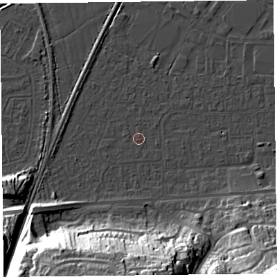 Shaded relief map of the ground around BS249DR, computed from Environment Agency LiDAR. The ground here sits at about 5 m above sea level and falls 34 m across the surrounding 800 m. Surface water reaching this point runs off ground lying to the south, 30.9 m higher.