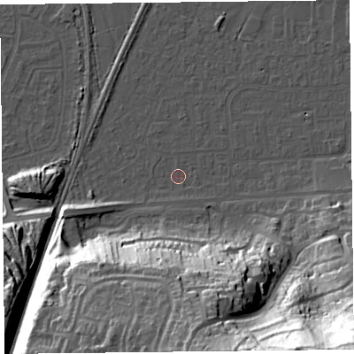 Shaded relief map of the ground around BS249DS, computed from Environment Agency LiDAR. The ground here sits at about 5 m above sea level and falls 64 m across the surrounding 800 m. Surface water reaching this point runs off ground lying to the south-south-east, 1.0 m higher.