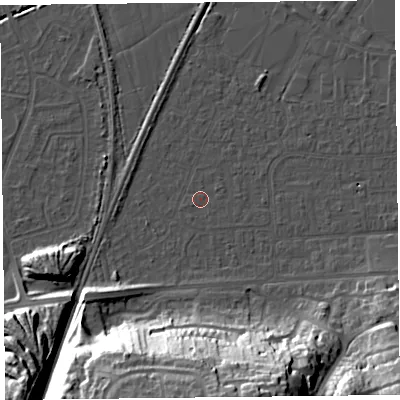 Shaded relief map of the ground around BS249DT, computed from Environment Agency LiDAR. The ground here sits at about 5 m above sea level and falls 35 m across the surrounding 800 m. Surface water reaching this point runs off ground lying to the south, 31.8 m higher.