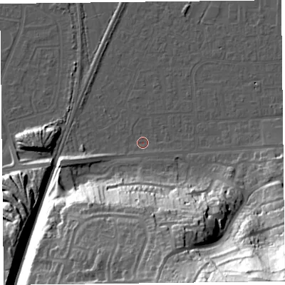 Shaded relief map of the ground around BS249DU, computed from Environment Agency LiDAR. The ground here sits at about 5 m above sea level and falls 69 m across the surrounding 800 m. Surface water reaching this point runs off ground lying to the south, 40.5 m higher.