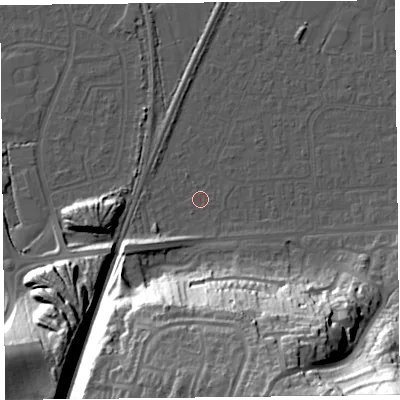 Shaded relief map of the ground around BS249DX, computed from Environment Agency LiDAR. The ground here sits at about 5 m above sea level and falls 52 m across the surrounding 800 m. Surface water reaching this point runs off ground lying to the south-west, 3.2 m higher.