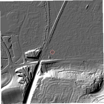 Shaded relief map of the ground around BS249DY, computed from Environment Agency LiDAR. The ground here sits at about 6 m above sea level and falls 52 m across the surrounding 800 m. Surface water reaching this point runs off ground lying to the south-south-east, 39.3 m higher.