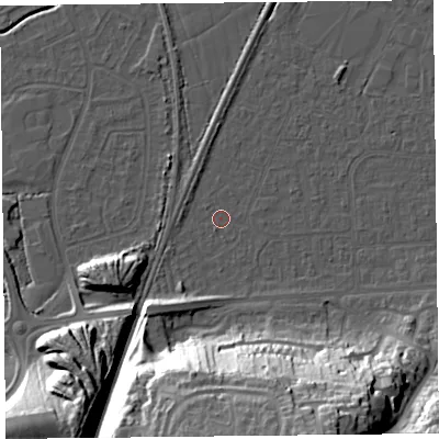 Shaded relief map of the ground around BS249DZ, computed from Environment Agency LiDAR. The ground here sits at about 5 m above sea level and falls 36 m across the surrounding 800 m. Surface water reaching this point runs off ground lying to the south-south-east, 33.3 m higher.
