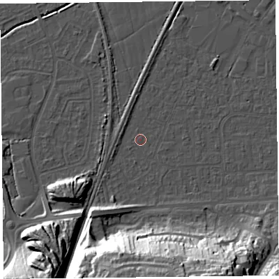 Shaded relief map of the ground around BS249EA, computed from Environment Agency LiDAR. The ground here sits at about 5 m above sea level and falls 33 m across the surrounding 800 m. Surface water reaching this point runs off ground lying to the south, 30.3 m higher.