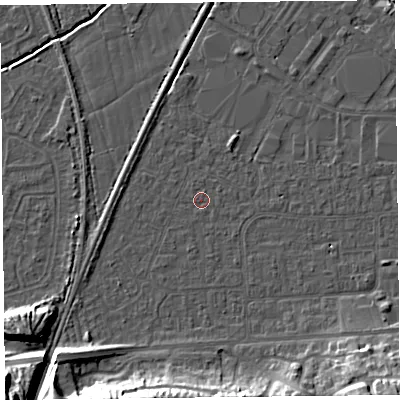 Shaded relief map of the ground around BS249EB, computed from Environment Agency LiDAR. The ground here sits at about 5 m above sea level and falls 16 m across the surrounding 800 m. Surface water reaching this point runs off ground lying to the south-south-west, 14.0 m higher.