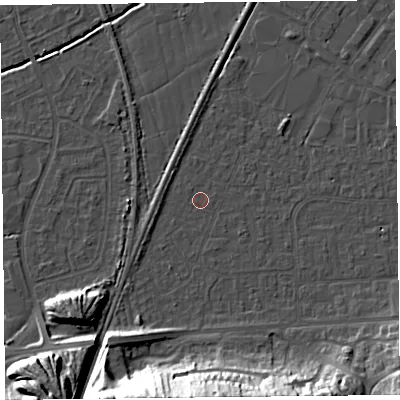 Shaded relief map of the ground around BS249ED, computed from Environment Agency LiDAR. The ground here sits at about 5 m above sea level and falls 27 m across the surrounding 800 m. Surface water reaching this point runs off ground lying to the south-south-west, 25.8 m higher.