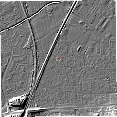 Shaded relief map of the ground around BS249EE, computed from Environment Agency LiDAR. The ground here sits at about 5 m above sea level and falls 12 m across the surrounding 800 m. The ground contributing surface water to this point lies to the west.