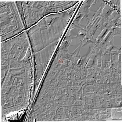 Shaded relief map of the ground around BS249EF, computed from Environment Agency LiDAR. The ground here sits at about 6 m above sea level and falls 9 m across the surrounding 800 m. The ground contributing surface water to this point lies to the west-south-west.
