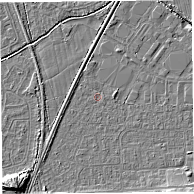 Shaded relief map of the ground around BS249EG, computed from Environment Agency LiDAR. The ground here sits at about 5 m above sea level and falls 9 m across the surrounding 800 m. Surface water reaching this point runs off ground lying to the west-north-west, 1.3 m higher.