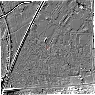 Shaded relief map of the ground around BS249EH, computed from Environment Agency LiDAR. The ground here sits at about 5 m above sea level and falls 9 m across the surrounding 800 m. Surface water reaching this point runs off ground lying to the south-east, 8.8 m higher.
