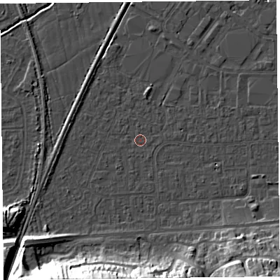 Shaded relief map of the ground around BS249EJ, computed from Environment Agency LiDAR. The ground here sits at about 5 m above sea level and falls 24 m across the surrounding 800 m. Surface water reaching this point runs off ground lying to the south-south-west, 22.8 m higher.
