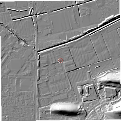 Shaded relief map of the ground around BS249ES, computed from Environment Agency LiDAR. The ground here sits at about 6 m above sea level and falls 21 m across the surrounding 800 m. Surface water reaching this point runs off ground lying to the south, 10.9 m higher.