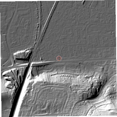 Shaded relief map of the ground around BS249ET, computed from Environment Agency LiDAR. The ground here sits at about 6 m above sea level and falls 70 m across the surrounding 800 m. Surface water reaching this point runs off ground lying to the south-south-east, 40.5 m higher.
