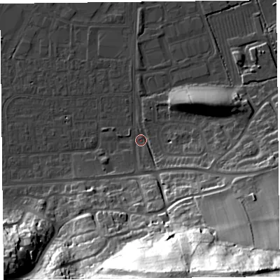 Shaded relief map of the ground around BS249HD, computed from Environment Agency LiDAR. The ground here sits at about 6 m above sea level and falls 64 m across the surrounding 800 m. Surface water reaching this point runs off ground lying to the south-south-east, 62.7 m higher.