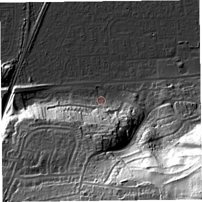 Shaded relief map of the ground around BS249NY, computed from Environment Agency LiDAR. The ground here sits at about 7 m above sea level and falls 99 m across the surrounding 800 m. Surface water reaching this point runs off ground lying to the south, 35.6 m higher.