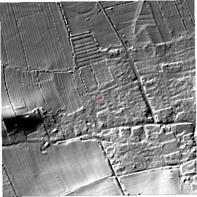 Shaded relief map of the ground around BS249QE, computed from Environment Agency LiDAR. The ground here sits at about 8 m above sea level and falls 31 m across the surrounding 800 m. Surface water reaching this point runs off ground lying to the south-east, 26.9 m higher.
