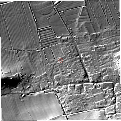 Shaded relief map of the ground around BS249QR, computed from Environment Agency LiDAR. The ground here sits at about 8 m above sea level and falls 26 m across the surrounding 800 m. Surface water reaching this point runs off ground lying to the south-south-east, 5.3 m higher.