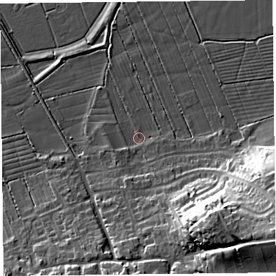 Shaded relief map of the ground around BS249RW, computed from Environment Agency LiDAR. The ground here sits at about 6 m above sea level and falls 25 m across the surrounding 800 m. Surface water reaching this point runs off ground lying to the south-east, 22.4 m higher.