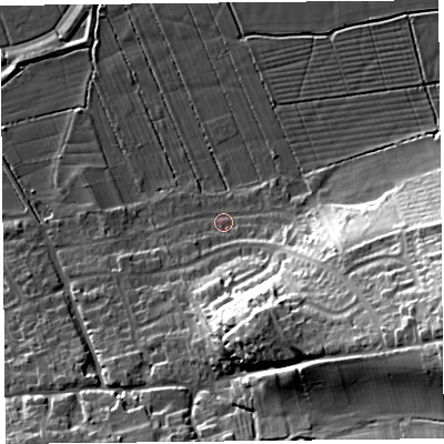 Shaded relief map of the ground around BS249SE, computed from Environment Agency LiDAR. The ground here sits at about 7 m above sea level and falls 32 m across the surrounding 800 m. Surface water reaching this point runs off ground lying to the south-east, 25.3 m higher.