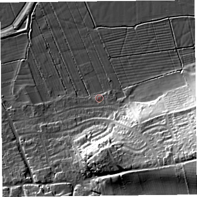 Shaded relief map of the ground around BS249SQ, computed from Environment Agency LiDAR. The ground here sits at about 7 m above sea level and falls 36 m across the surrounding 800 m. Surface water reaching this point runs off ground lying to the south-east, 26.4 m higher.