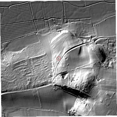 Shaded relief map of the ground around BS249TZ, computed from Environment Agency LiDAR. The ground here sits at about 37 m above sea level and falls 82 m across the surrounding 800 m. Surface water reaching this point runs off ground lying to the south-south-east, 16.1 m higher.