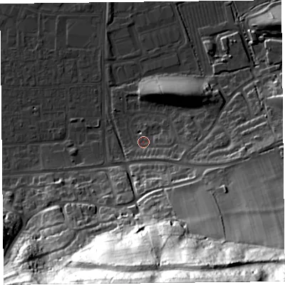 Shaded relief map of the ground around BS249XB, computed from Environment Agency LiDAR. The ground here sits at about 7 m above sea level and falls 77 m across the surrounding 800 m. Surface water reaching this point runs off ground lying to the south-east, 4.8 m higher.