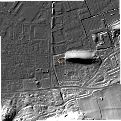 Shaded relief map of the ground around BS249XE, computed from Environment Agency LiDAR. The ground here sits at about 6 m above sea level and falls 36 m across the surrounding 800 m. Surface water reaching this point runs off ground lying to the east-north-east, 5.1 m higher.