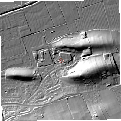 Shaded relief map of the ground around BS249XN, computed from Environment Agency LiDAR. The ground here sits at about 8 m above sea level and falls 27 m across the surrounding 800 m. Surface water reaching this point runs off ground lying to the east, 2.8 m higher.
