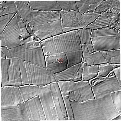 Shaded relief map of the ground around BS251DS, computed from Environment Agency LiDAR. The ground here sits at about 21 m above sea level and falls 21 m across the surrounding 800 m. Surface water reaching this point runs off ground lying to the south-west, 0.6 m higher.