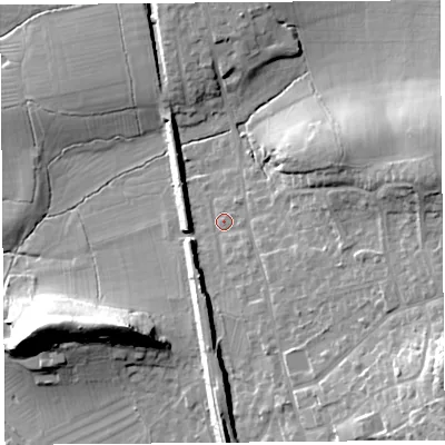 Shaded relief map of the ground around BS251JE, computed from Environment Agency LiDAR. The ground here sits at about 34 m above sea level and falls 27 m across the surrounding 800 m. Surface water reaching this point runs off ground lying to the south-south-east, 2.7 m higher.
