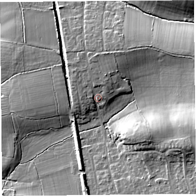 Shaded relief map of the ground around BS251JF, computed from Environment Agency LiDAR. The ground here sits at about 38 m above sea level and falls 24 m across the surrounding 800 m. Surface water reaching this point runs off ground lying to the north-north-east, 5.7 m higher.