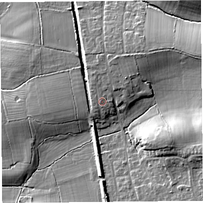 Shaded relief map of the ground around BS251JH, computed from Environment Agency LiDAR. The ground here sits at about 38 m above sea level and falls 23 m across the surrounding 800 m. Surface water reaching this point runs off ground lying to the north-north-east, 2.2 m higher.