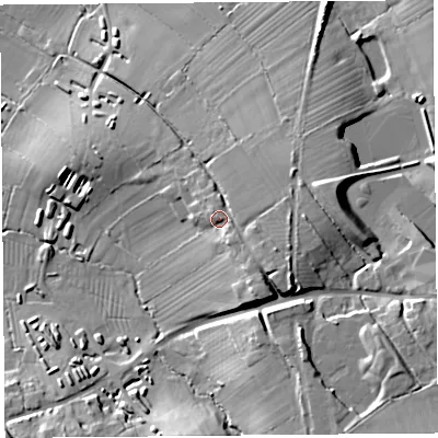 Shaded relief map of the ground around BS255RG, computed from Environment Agency LiDAR. The ground here sits at about 19 m above sea level and falls 20 m across the surrounding 800 m. Surface water reaching this point runs off ground lying to the south-east, 5.0 m higher.